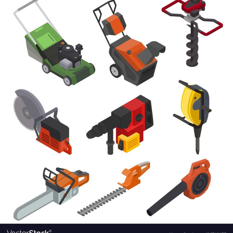 O colecție de diverse unelte de grădinărit și amenajare peisagistică, incluzând o mașină de tuns iarba și un fierăstrău cu lanț.