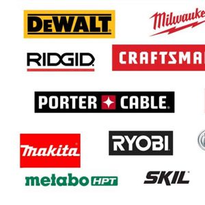 Logos of various power tool brands, including DeWALT, Milwaukee, Craftsman, and Bosch.
